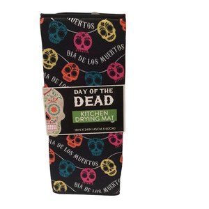 Day of the Dead Halloween Sugar Skulls Kitchen Drying Mat Orange Black Pink